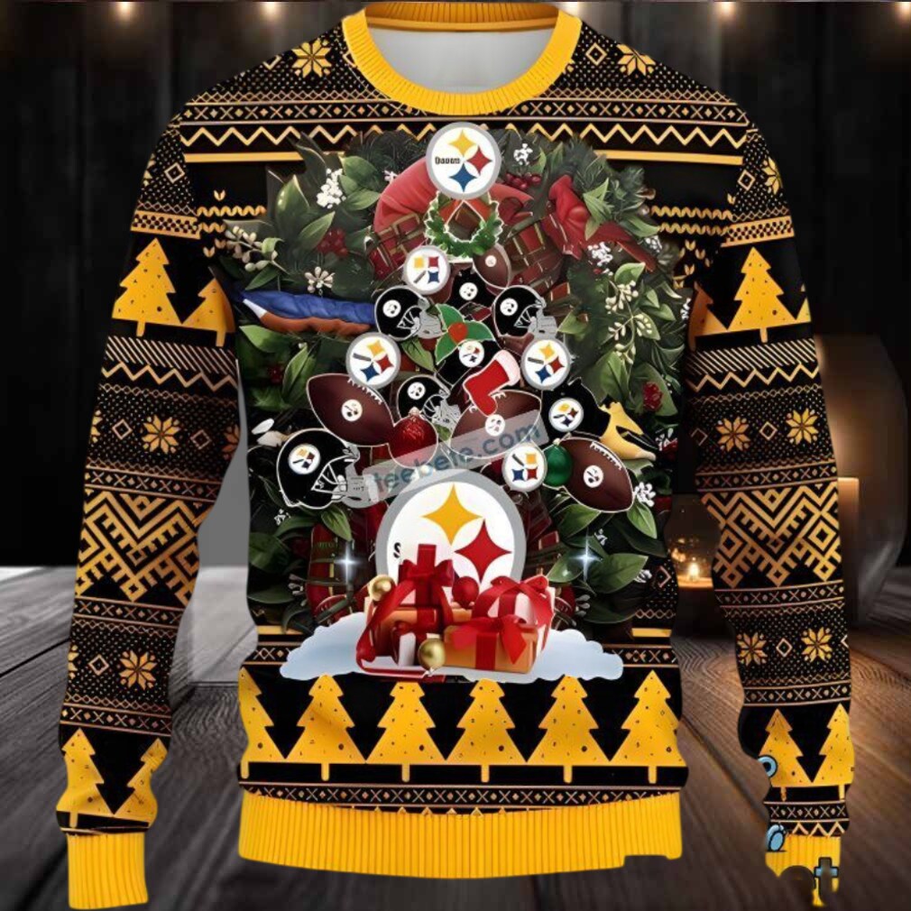 Pittsburgh Steelers Tree Ball Ugly Christmas Sweater Yellow Black Big And Tall Pittsburgh Steelers Tree Ball Ugly Christmas Sweater Yellow Black Big And Tall