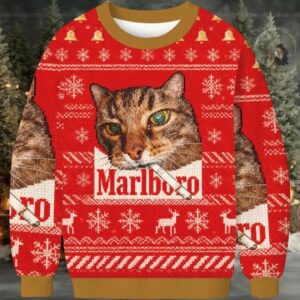 Red Funny Smoking Cat Meme Marlboro Christmas Ugly Sweater