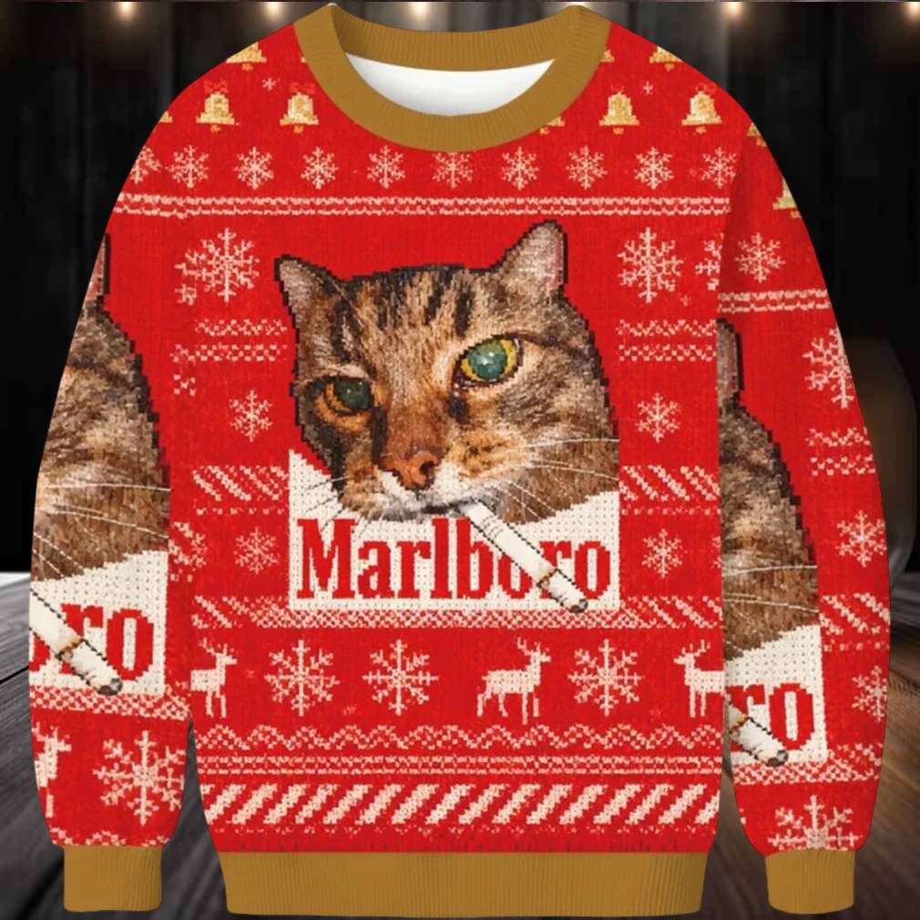Red Funny Smoking Cat Meme Marlboro Christmas Ugly Sweater