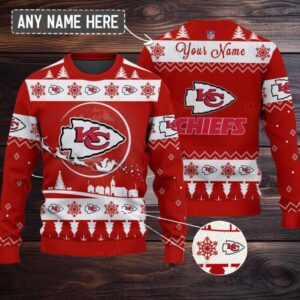 Red Kansas City Chiefs NFL Ugly Christmas Sweater Name Customized