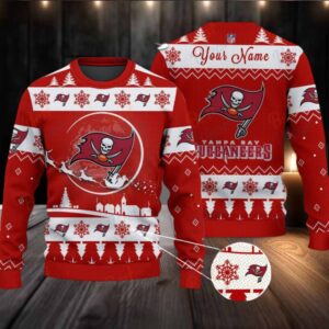 Red Tampa Bay Buccaneers NFL Ugly Christmas Sweater Name Customized