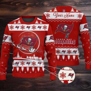 Red Tampa Bay Buccaneers NFL Ugly Christmas Sweater Name Customized