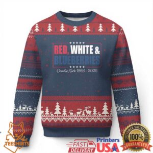 Red White Blueberries Ugly Christmas Sweater Charlie Kirk Inspired Patriotic Memorial Freedom