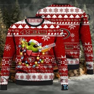 San Francisco 49Ers Baby Yoda Santa Hat Ugly Xmas Sweaters White Red Funny