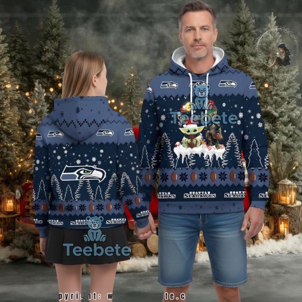 Seattle Seahawks Baby Yoda Groot Christmas Ugly 3D Hoodie Blue Seattle Seahawks Baby Yoda Groot Christmas Ugly 3D Hoodie Blue