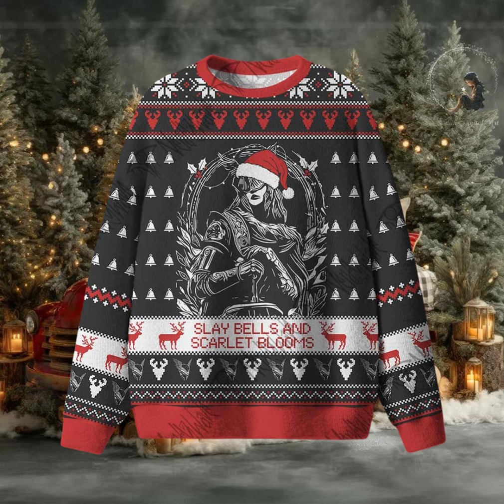 Person wearing Slay Bells and Scarlet Blooms Ugly Sweatshirts at a holiday gathering