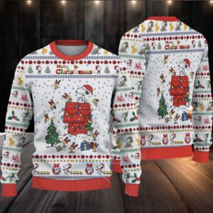 Snoopy And Woodstock Reindeer In Red Baron Gear Christmas Knitted Sweater