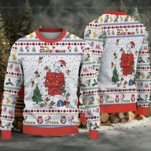 Snoopy And Woodstock Reindeer In Red Baron Gear Christmas Knitted Sweater