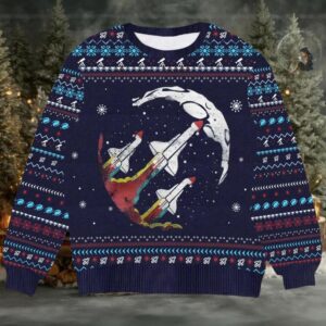 Space Shuttle Launch Ugly Christmas Sweater   Astronaut Moon Holiday Design   Unique Outer Space Festive Gift