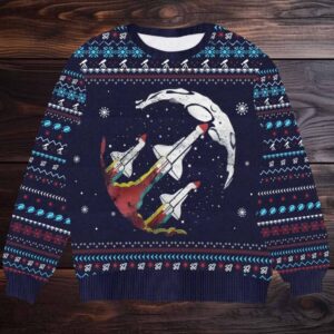 Space Shuttle Launch Ugly Christmas Sweater Astronaut Moon Holiday Design Unique Outer Space Festive Gift