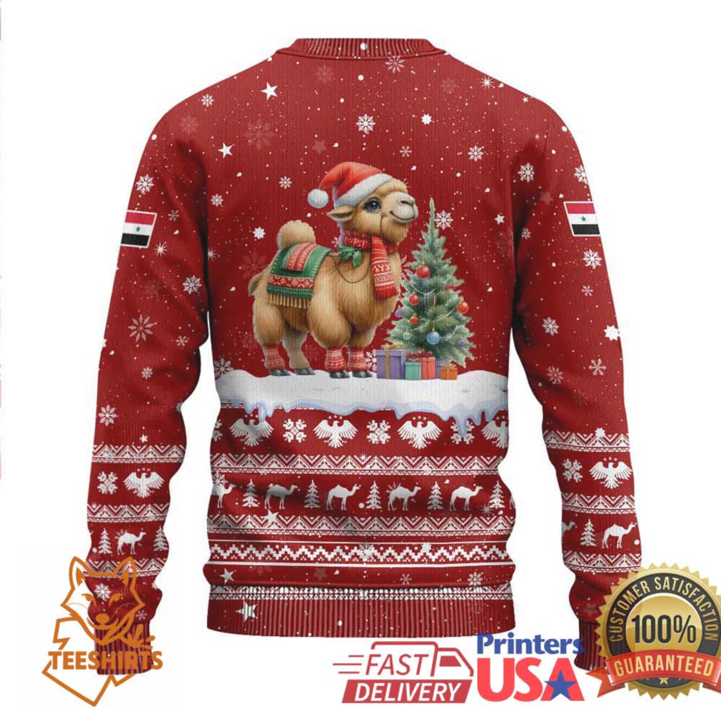 Syria Christmas Ugly Christmas Sweater with Golden Eagle Emblem Christmas Camel Scene Syria Christmas Ugly Christmas Sweater with Golden Eagle Emblem Christmas Camel Scene