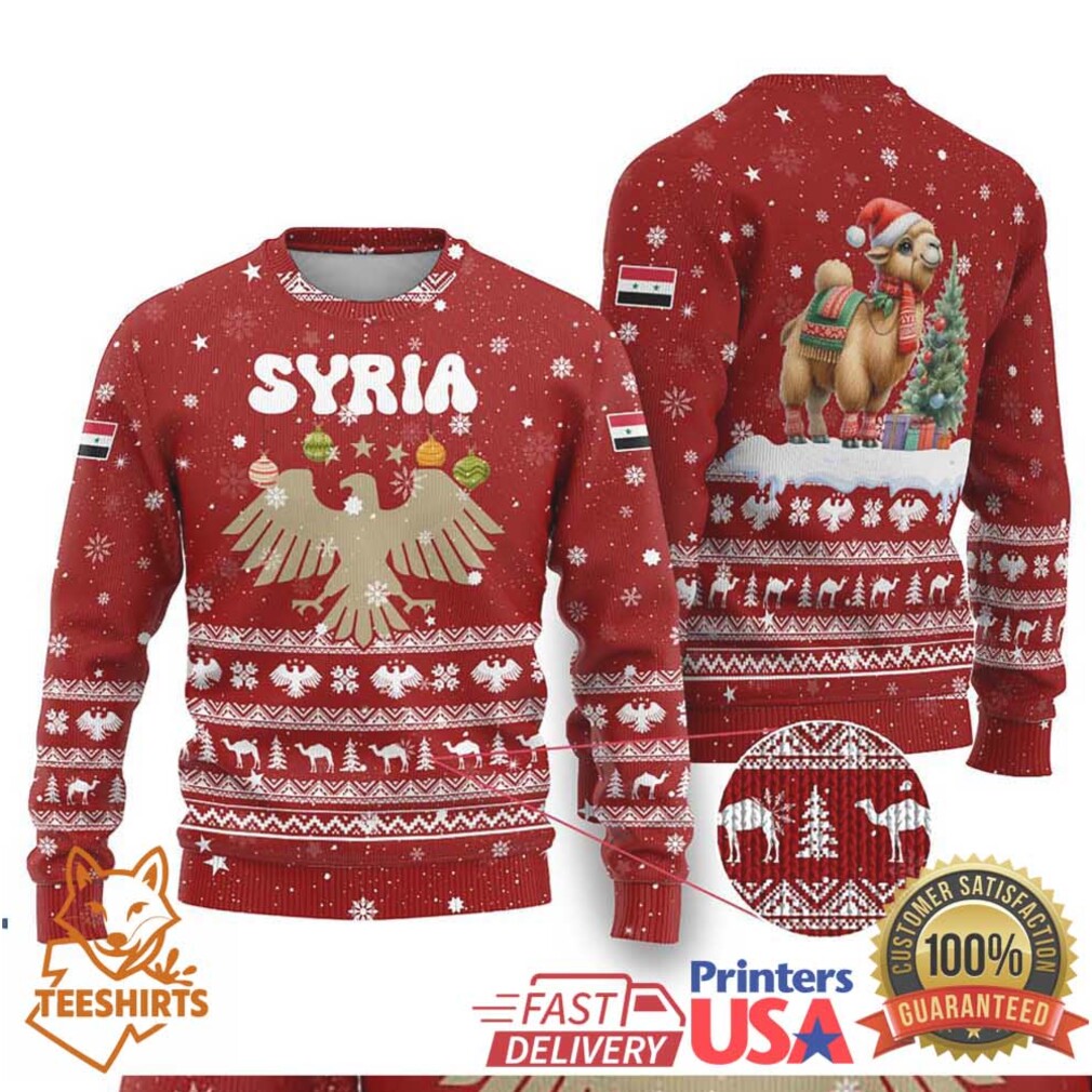 Syria Christmas Ugly Christmas Sweater with Golden Eagle Emblem Christmas Camel Scene Syria Christmas Ugly Christmas Sweater with Golden Eagle Emblem Christmas Camel Scene