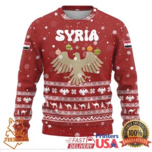 Syria Christmas Ugly Christmas Sweater with Golden Eagle Emblem Christmas Camel Scene