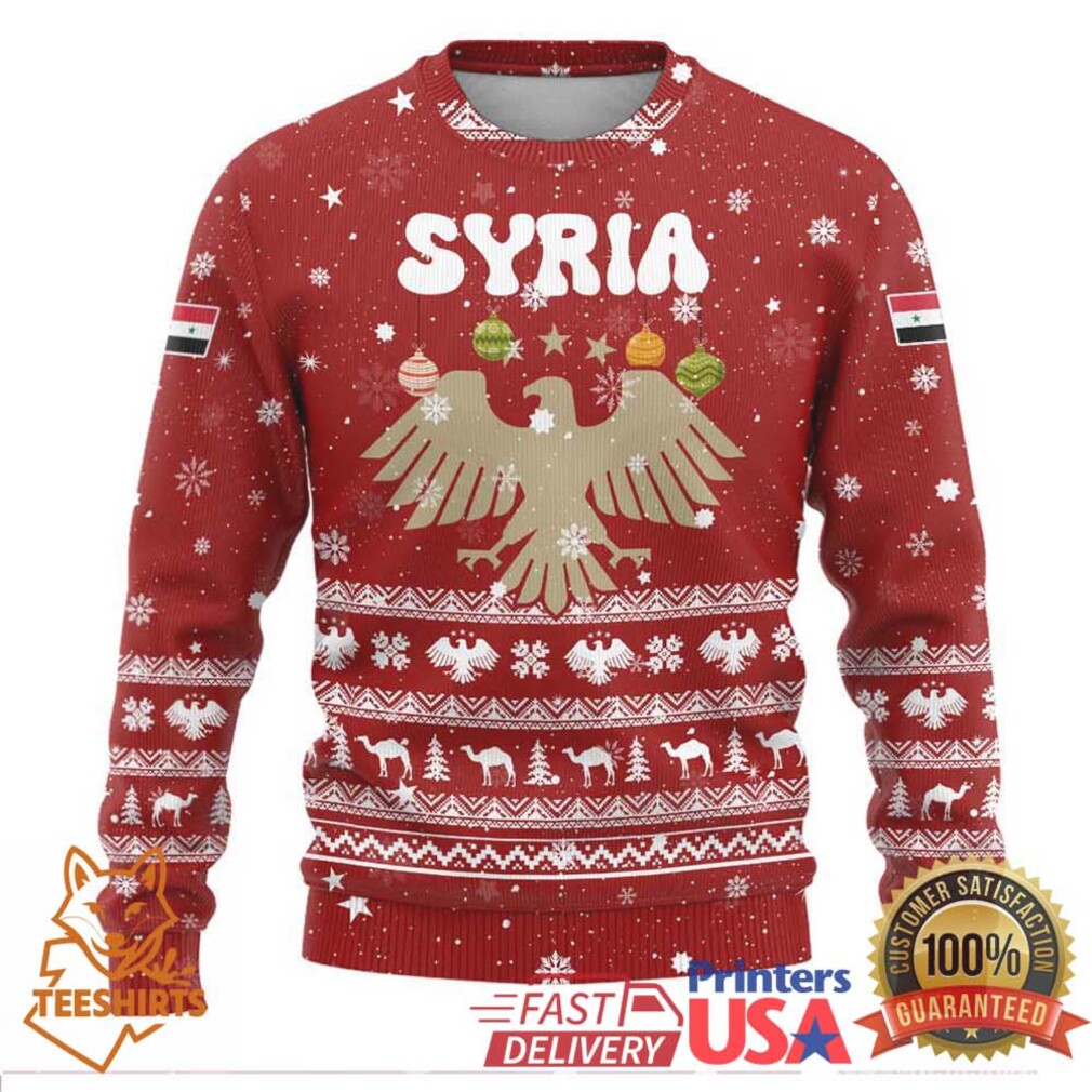 Syria Christmas Ugly Christmas Sweater with Golden Eagle Emblem Christmas Camel Scene Syria Christmas Ugly Christmas Sweater with Golden Eagle Emblem Christmas Camel Scene