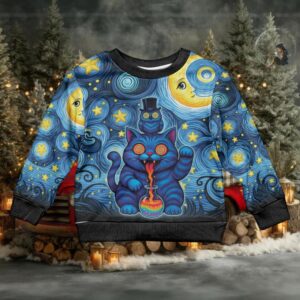Trippy Cat and Owl Kid Ugly Christmas Sweater Starry Psychedelic Vibes