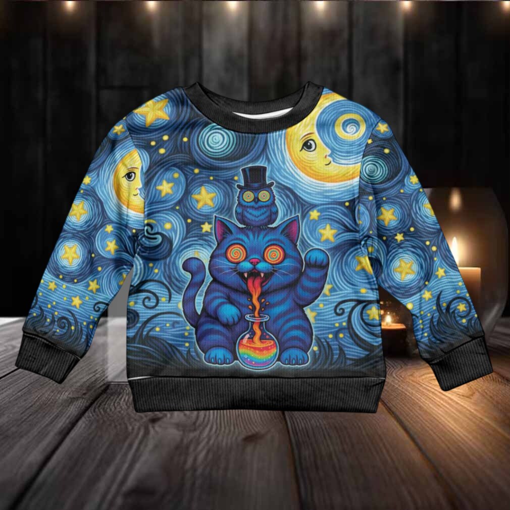 Trippy Cat and Owl Kid Ugly Christmas Sweater Starry Psychedelic Vibes Trippy Cat and Owl Kid Ugly Christmas Sweater Starry Psychedelic Vibes