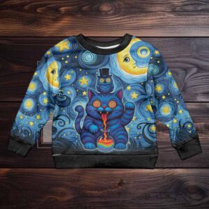 Trippy Cat and Owl Kid Ugly Christmas Sweater Starry Psychedelic Vibes
