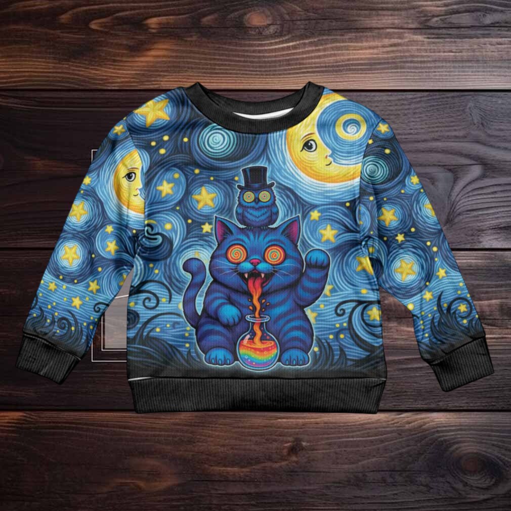 Trippy Cat and Owl Kid Ugly Christmas Sweater Starry Psychedelic Vibes Trippy Cat and Owl Kid Ugly Christmas Sweater Starry Psychedelic Vibes