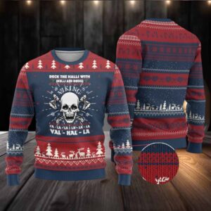 Xmas Viking Valhalla Ugly Christmas Sweater Deck The Halls With Skulls And Bodies