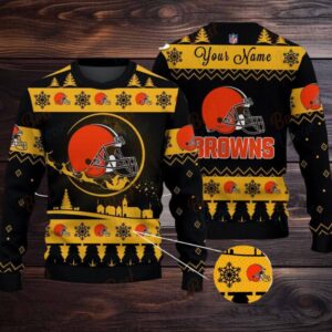 Yellow Cleveland Browns NFL Ugly Christmas Sweater   Name Customized