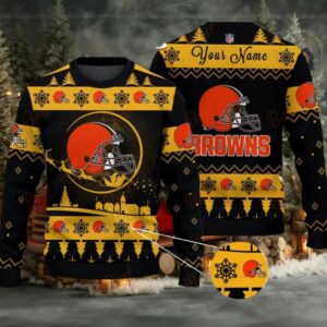 Yellow Cleveland Browns NFL Ugly Christmas Sweater Name Customized