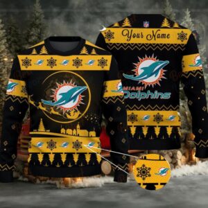 Yellow Miami Dolphins NFL Ugly Christmas Sweater Name Customized Copy